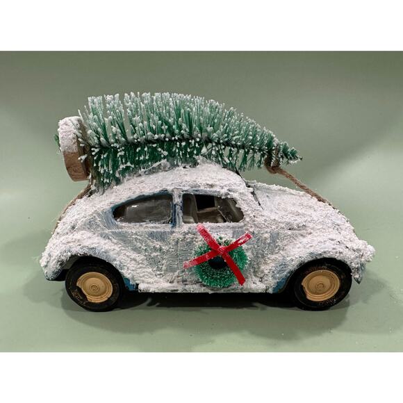 Vintage 1960s Tonka VW Beetle Holiday Snow Car with Bottle Brush Tree Assemblage - Picture 2 of 6